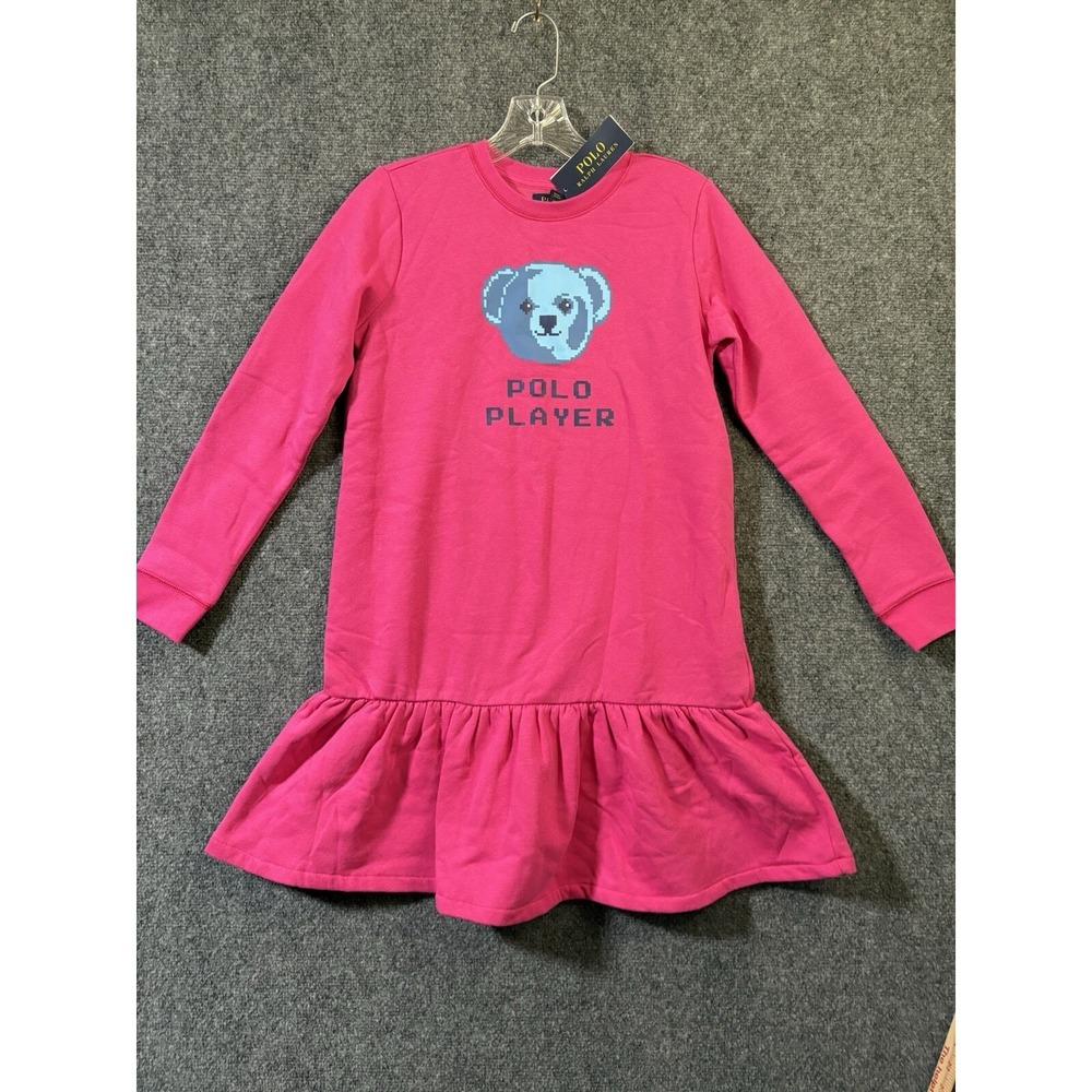 Girls Polo Ralph Lauren "Polo Player" Pink Blue Bear Sweatshirt Dress sz 16 NWT
